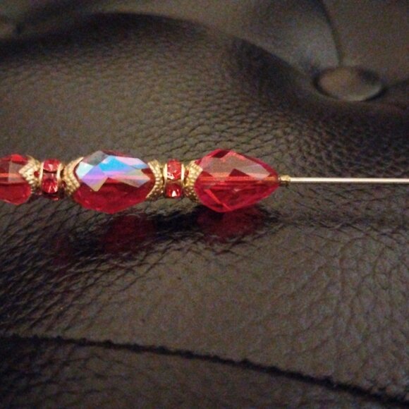 Hat Pin Stick Radiant Red Beads with Accents of Gold Decorations Length ~ 5.5' - Picture 9 of 10